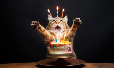 Happily surprised ginger cat with birthday cake and candles
