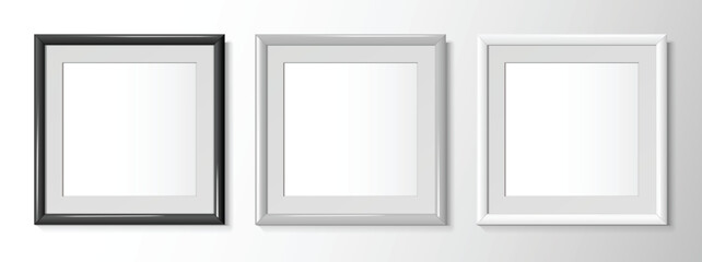 Realistic square frames in black, gray and white color for paintings or photographs. Vector illustration.