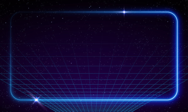 Synthwave vaporwave retrowave cyber background with copy space, laser grid, starry sky, blue and purple glows with smoke and particles. Design for poster, cover, wallpaper, web, banner, etc. 