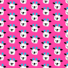 Cute pattern with the face of a deer. Vector seamless pattern with kawaii reindeer head on pink background. Christmas print for packaging