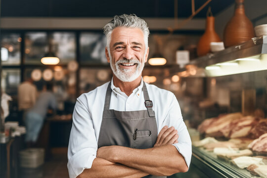 Happy Middle-aged Man, Successful Owner Of A Small Business, Owner Of Butcher Shop, Smiling At Camera