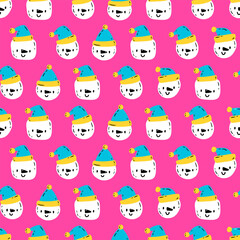Cute pattern with snowman face. Vector seamless pattern with kawaii snowman on pink background. Christmas print for packaging