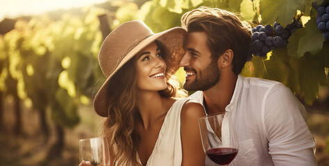 Obraz premium young couple tasting wine in a grapevine, ai generated