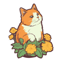 Cute cat with flowers sticker,cute kitten in flowers