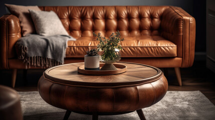 Fototapeta na wymiar Round wooden coffee table near white sofa and brown leather armchair. Hollywood glam style interior design of modern living room.