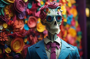 Halloween background with a scary monster and colorful paper flowers. Halloween concept.