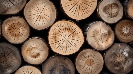 Fototapeta premium Wood pile. Background of cut logs close up