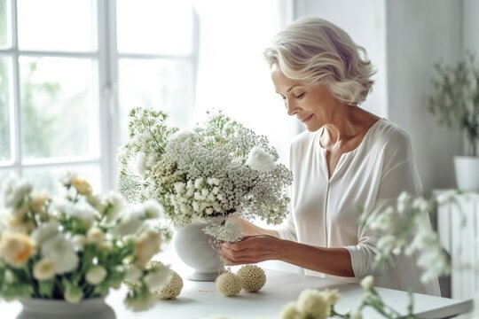 With loving care, the older woman skillfully arranges vibrant flowers in a vase, adorning her bright home. Ai generated.