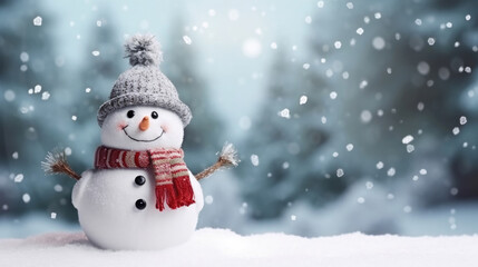 Naklejka na ściany i meble Merry christmas and happy new year greeting card with copy-space.Happy snowman standing in christmas landscape.Snow background.Winter fairytale.