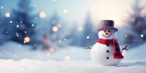 Obraz premium Merry christmas and happy new year greeting card with copy-space.Happy snowman standing in christmas landscape.Snow background.Winter fairytale.