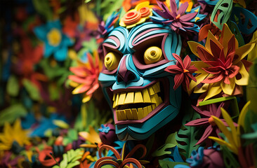 Closeup of a colorful carnival mask with flowers in the background