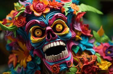 Closeup of a colorful carnival mask with flowers in the background
