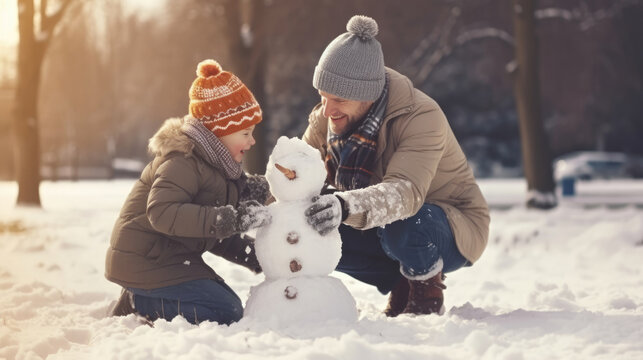 Little boy with his father building snowman in snowy park. Dad and son tied a scarf for snowman. Active outdoors leisure with family with children in winter. Kid during stroll in a snowy winter park