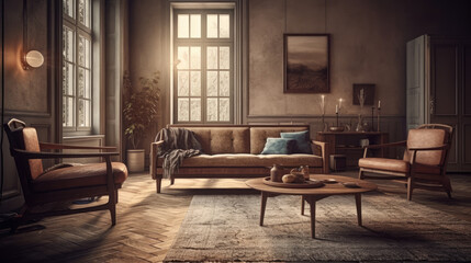 Rustic furniture, sofa and lounge chairs in classic room. Boho interior design of modern living room.