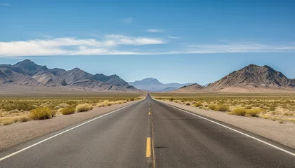 Rugzak Route 66 highway road at midday clear sky desert mountains background landscape © Gajus
