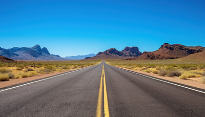 Fototapeta na wymiar Route 66 highway road at midday clear sky desert mountains background landscape