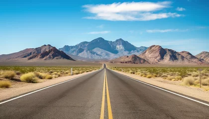 Gardinen Route 66 highway road at midday clear sky desert mountains background landscape © Gajus