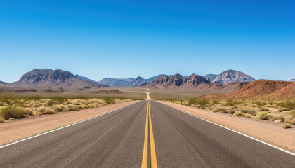 Fototapeta na wymiar Route 66 highway road at midday clear sky desert mountains background landscape