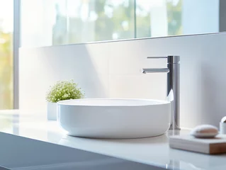 Poster Modern white clean wash basin and faucet with morning sunlight in bathroom © Pemika