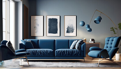 Dark blue sofa and recliner chair in scandinavian apartment. Interior design of modern living room background photo.