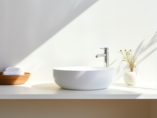 Fototapeta na wymiar Modern white clean wash basin and faucet with morning sunlight in bathroom