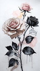 Watercolor floral composition. Black rose on white background. watercolor flower set. watercolor background with leaves