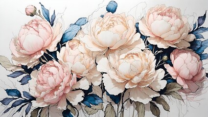 Watercolor floral composition. Peonies on white background. watercolor flower set. watercolor background with leaves
