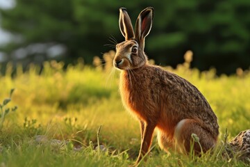 Naklejka na ściany i meble Side view of wild brown hare standing in the sunset and looking at the camera
