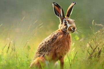 Side view of wild brown hare sitting in a grass field and looking at the camera