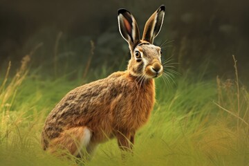 Side view of wild brown hare standing on the ground and looking right at the camera