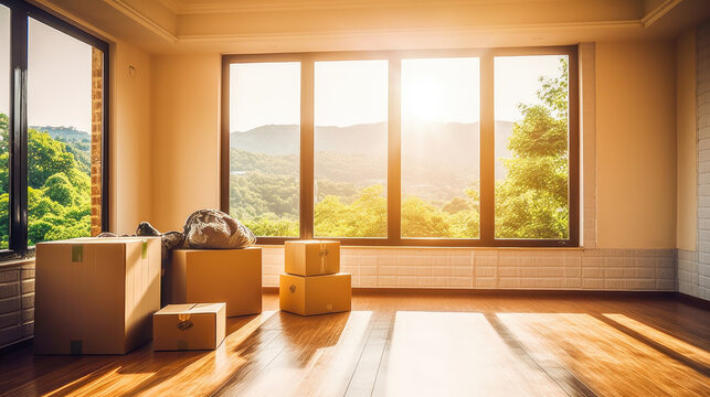 Moving day concept. Carton boxes stack with household belongings in modern house living room. Containers on floor in new home, relocation, renovation, removals and delivery service