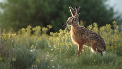 Side view of wild brown hare standing on the ground and looking in the distance