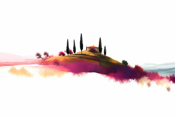 Illustration with a beautiful view of the hills of Tuscany, Italy