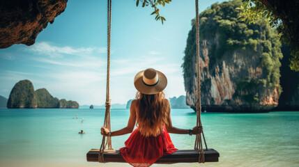 Traveler woman relaxing on swing above Andaman sea Railay beach Krabi, Leisure tourist travel Phuket Thailand summer holiday vacation trip, Beautiful destinations place Asia