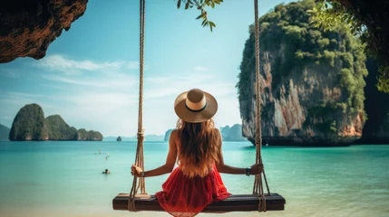Foto op Plexiglas Railay Beach, Krabi, Thailand Traveler woman relaxing on swing above Andaman sea Railay beach Krabi, Leisure tourist travel Phuket Thailand summer holiday vacation trip, Beautiful destinations place Asia