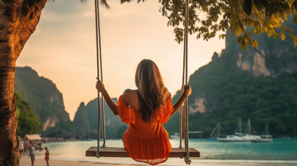 Traveler woman relaxing on swing above Andaman sea Railay beach Krabi, Leisure tourist travel Phuket Thailand summer holiday vacation trip, Beautiful destinations place Asia