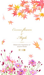 秋の縦型フレームデザイン。紅葉の枝とコスモスと吾亦紅（ワレモコウ）の水彩イラスト。（ベクター。レイアウト変更可能）