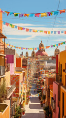Fototapeta na wymiar Hispanic city street decorated for the holiday