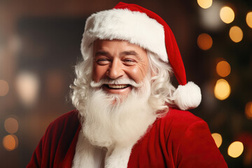 Advertising portrait of friendly Santa Claus looking and smiling at camera