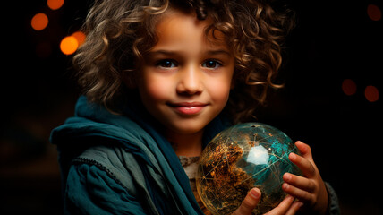 Naklejka premium portrait of little girl holding a crystal ball