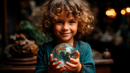 Naklejka premium portrait of little girl holding a crystal ball