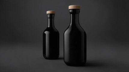 Two Realistic 3D Glass Bottle Packaging Mockup Brown Cap on Black Background