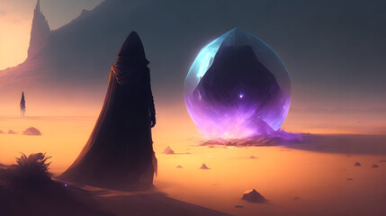 A shadowy figure stands before a pulsing crystal, which glows with a mysterious energy. The figure seems to be communing with the crystal. Location: a desolate wasteland. Random item: a black orb. Wea