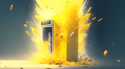 A simple vending machine explodes, sending cans and coins flying in every direction. A burst of yellow energy emanates from the scattered fragments