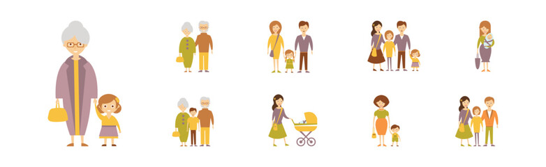 Happy Families with Smiling Parent and Kids Vector Set