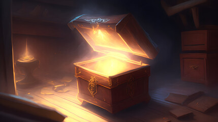 A small wooden box suddenly explodes, revealing a strange amulet that glows with a bright white light. The energy pulsates and throbs, casting an eerie glow across the room. The location is a musty ol