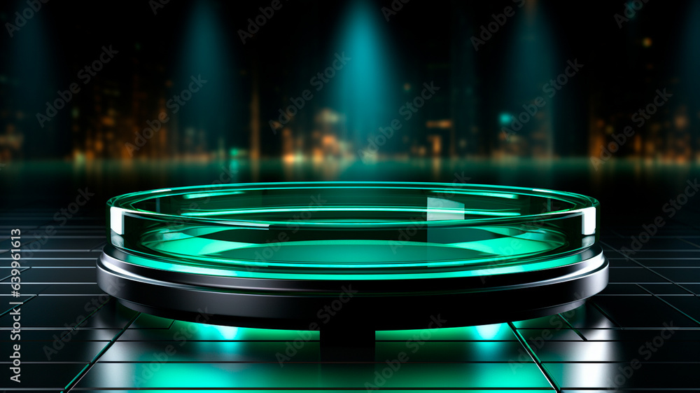 Poster empty podium with neon lights. empty podium for product display.