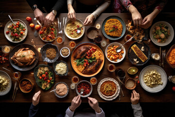 Thanksgiving day, eating and leisure concept - group of people having dinner at table with food
