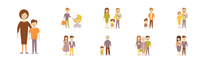 Happy Families with Smiling Parent and Kids Vector Set