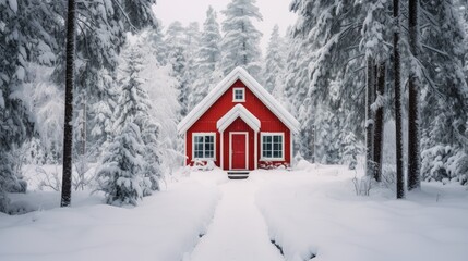 Naklejka premium Beautiful landscape. Wooden house in the winter forest